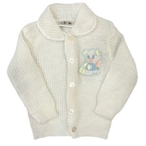 Vintage knit retro 80's‎ 90s childwise cardigan sweater Cream Teddy Bear